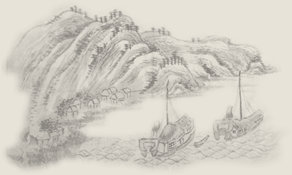 左側に山と、そのふもとに集落、右側に2艘の船が描かれた田能村竹田の絵画作品
