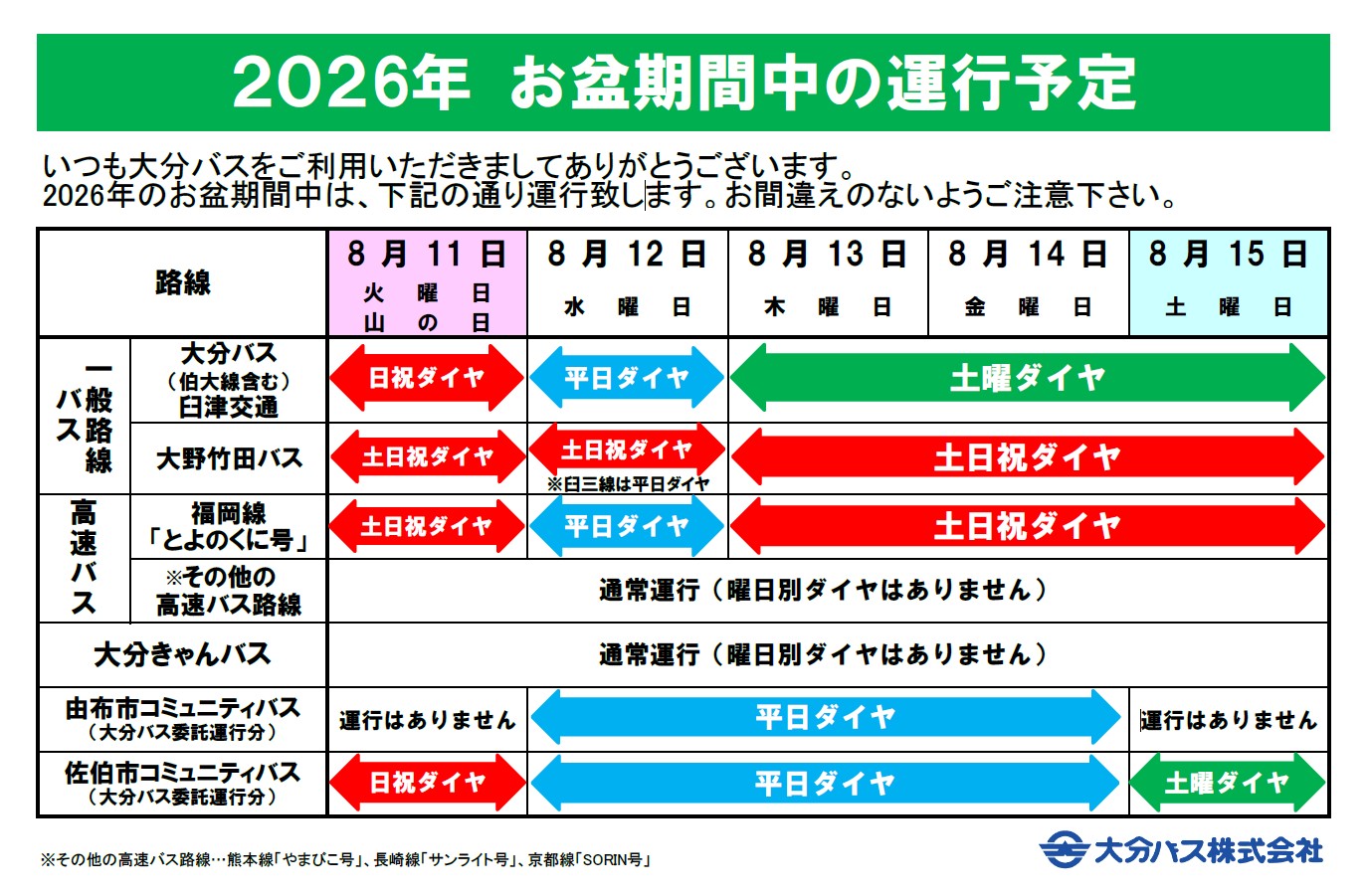 お盆ダイヤ(大分バス関連会社)