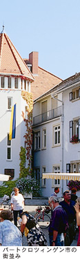 赤い屋根で白い壁の建物が立ち並ぶバートクロツィンゲン市の街並みの写真
