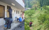 左：建物の周辺の清掃活動をしているのびる園の利用者の写真、右：山の斜面で作業をしているのびる園の利用者の写真